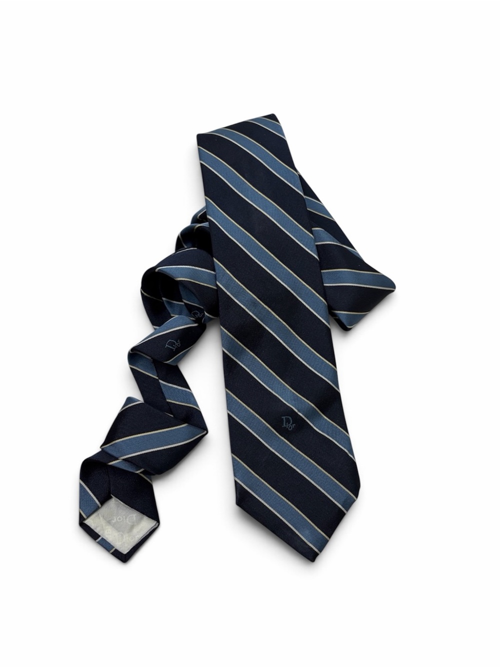 Christian Dior Vintage 90s Blue Striped Silk Tie Multi Logo Brocade 3.25"